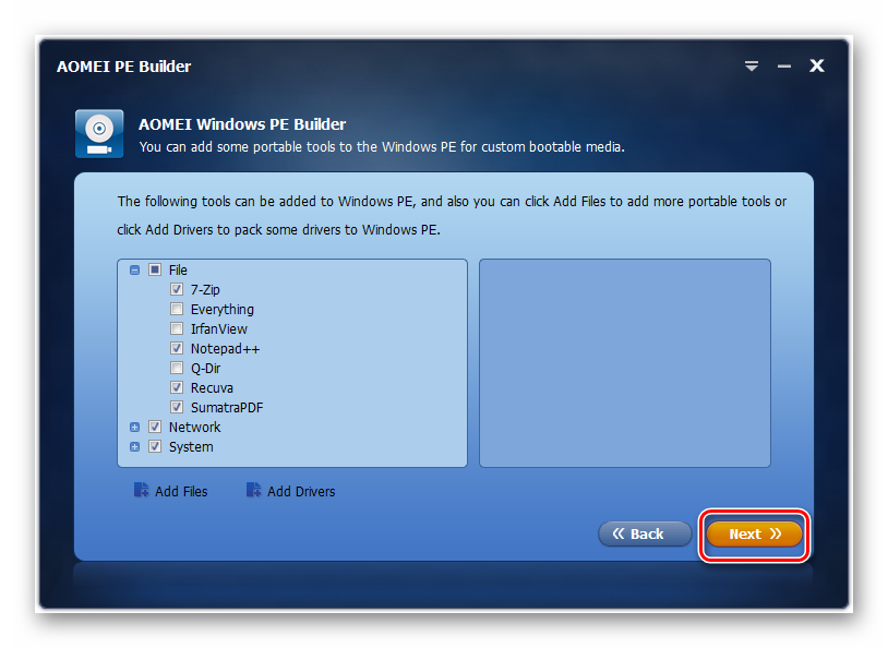 Переход к следующему этапу создания сборки в окне программы AOMEI PE Builder в Windows 7